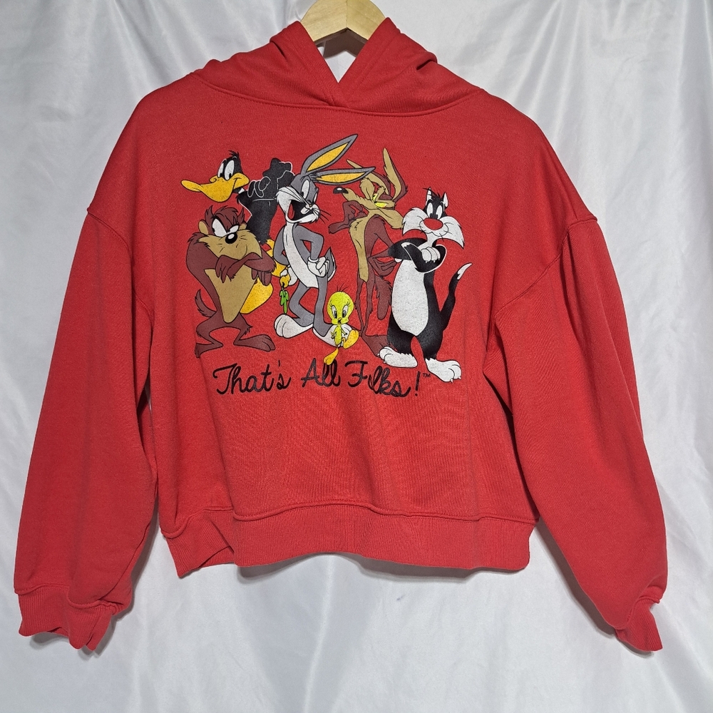 Looney Tunes Womens L Red Crop Pullover Long Sleeve‎ Hoodie - That's All Folks